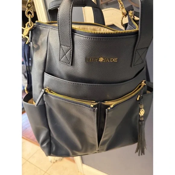 Lily Jade Anna Navy Blue Vegan Leather Diaper Bag Backpack Crossbody Tote - Picture 4 of 17